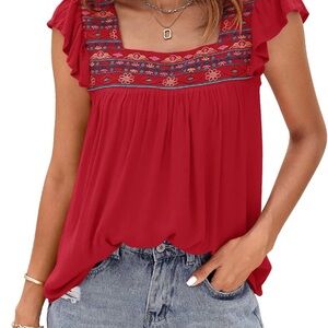 Red Embroidered Women's Square Neck Top Size Large